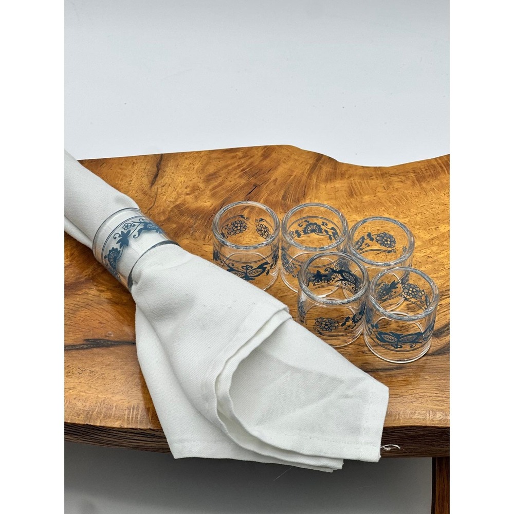 Vintage Pyrex Compatibles Old Towne Blue Glass Napkin Rings Set of 6